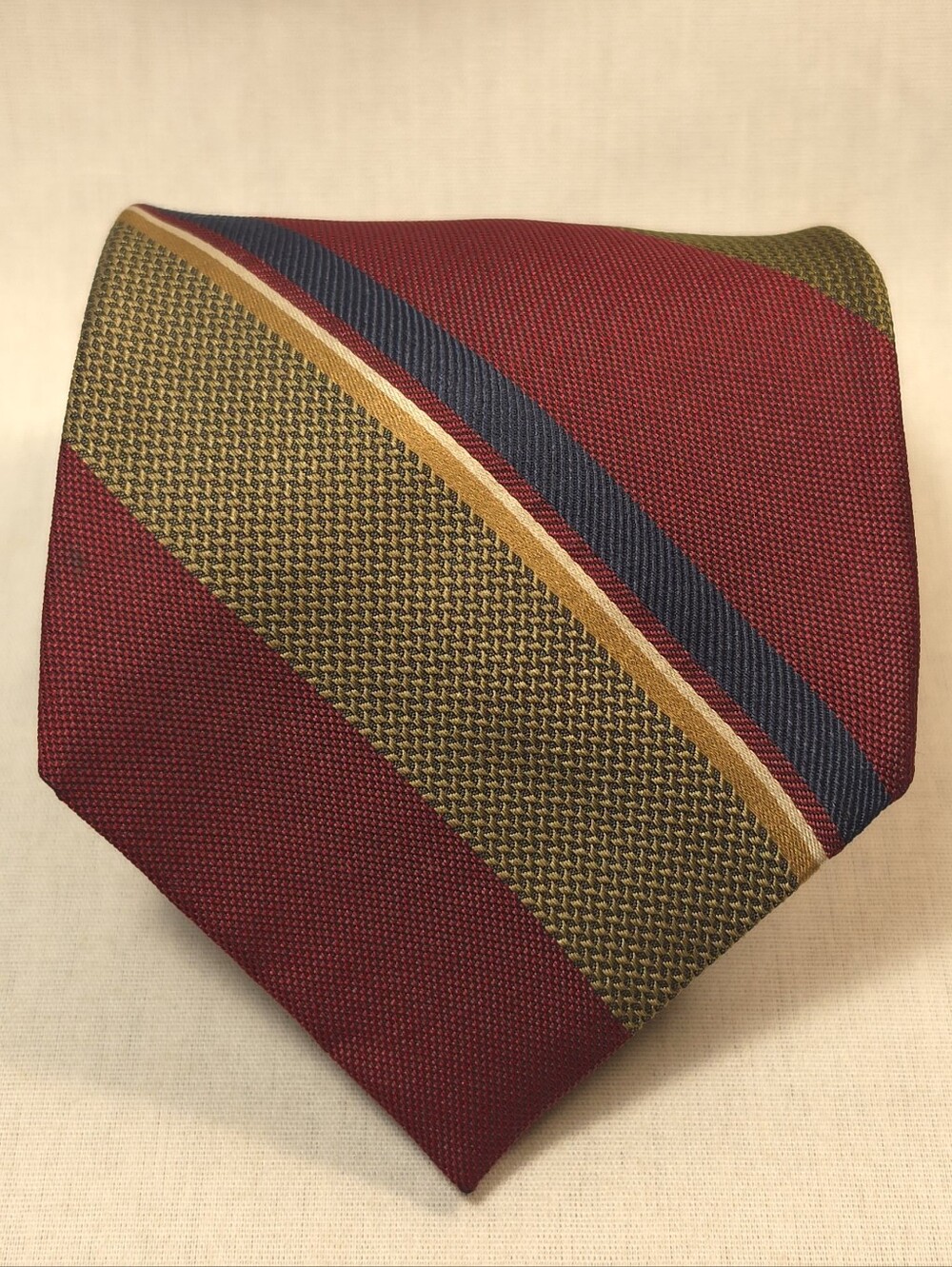 Mario Valentino Red and Olive Striped Silk Necktie with Navy and Gold Accents